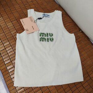 Authentic Miu Miu Crystal-Embellished Knit Tank Top - Cream (100 - 120 pounds)